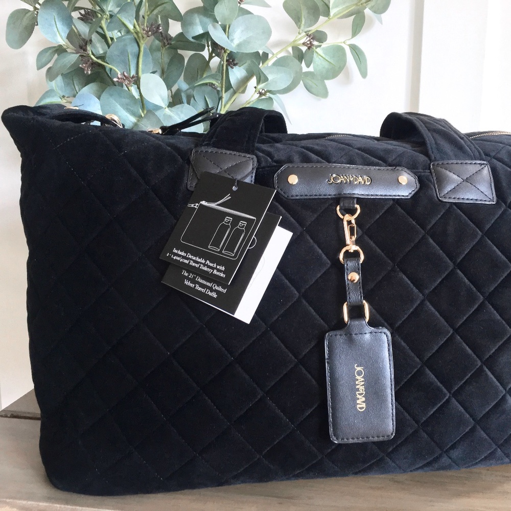 NWT Joan & David 21" Black Diamond Quilted Velvet weekender duffle carry on bag